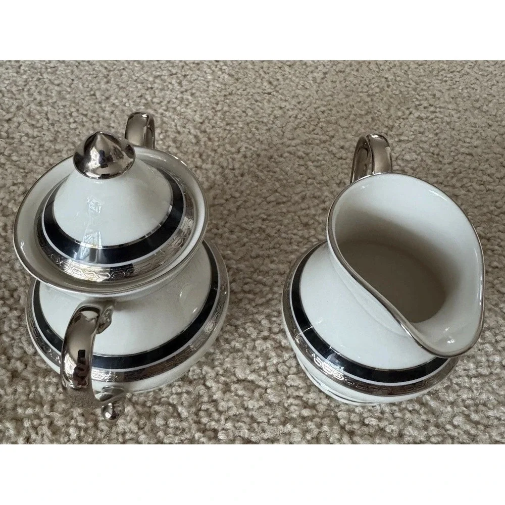 ⁠Pickard China Nocturne Creamer and Lidded Sugar Bowl Set Platinum Trim